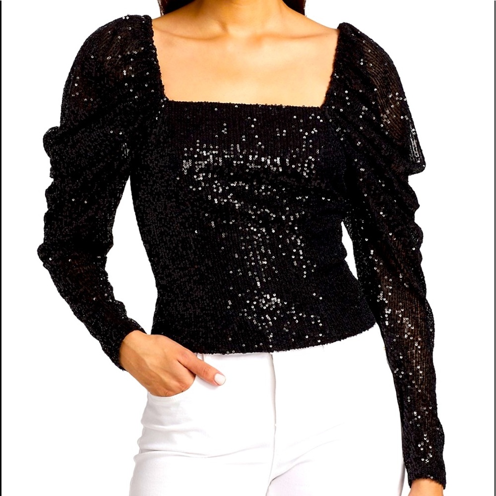 NWT Ramy Brook Black Skye Sequin Puff Sleeve Top Size 2